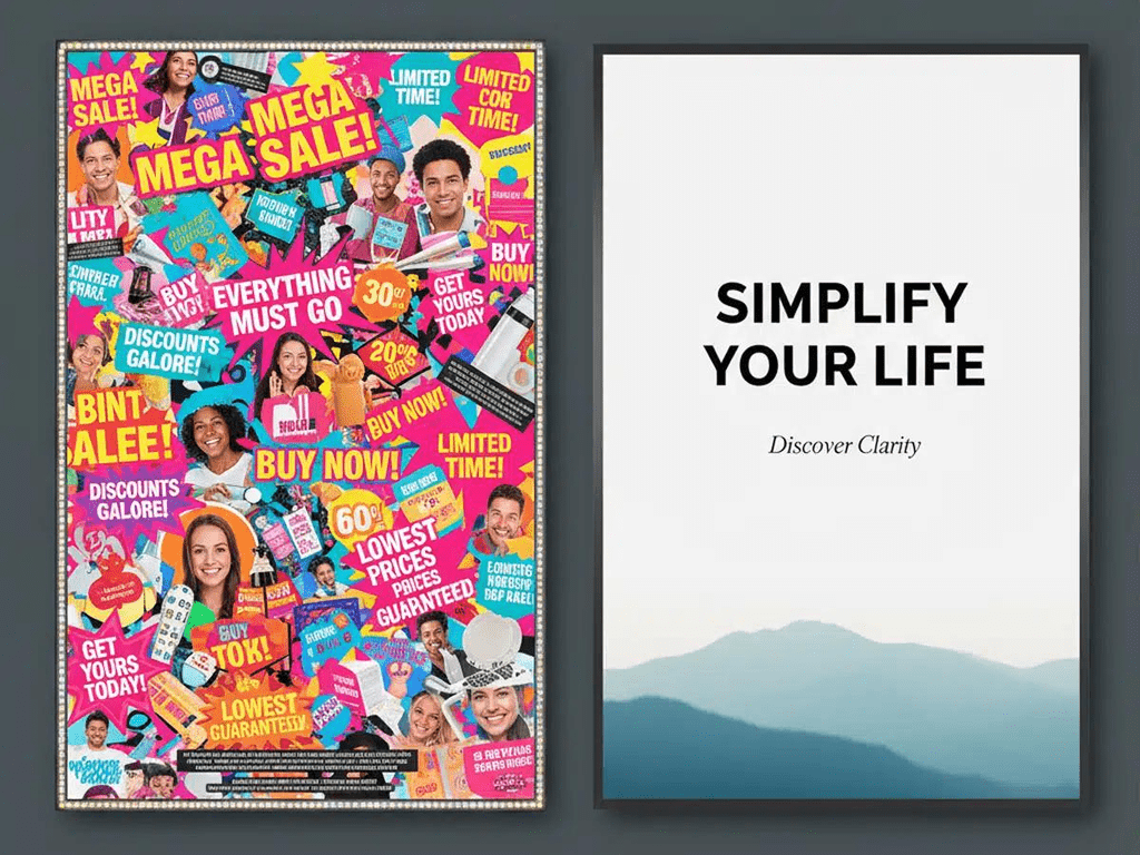 A split-screen showing a highly polished, glamorous advertisement on one side and a very simple, basic-looking advertisement on the other. The contrast should be obvious and slightly humorous.
