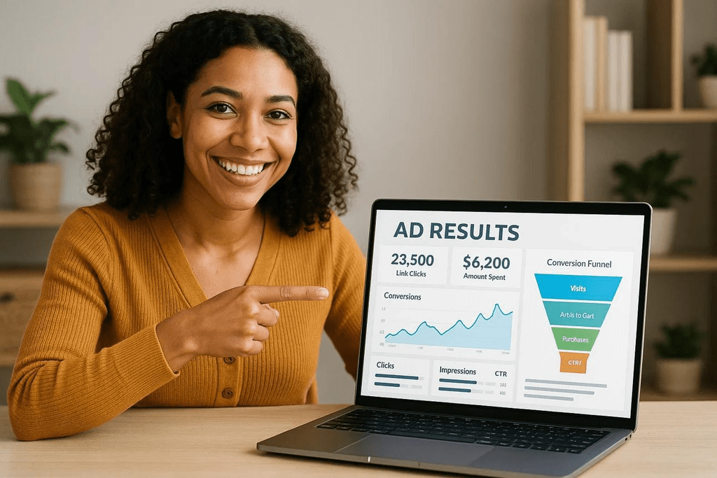 Small business owner reviewing strong digital advertising conversion results on a laptop, demonstrating that simple advertisements can perform effectively.
