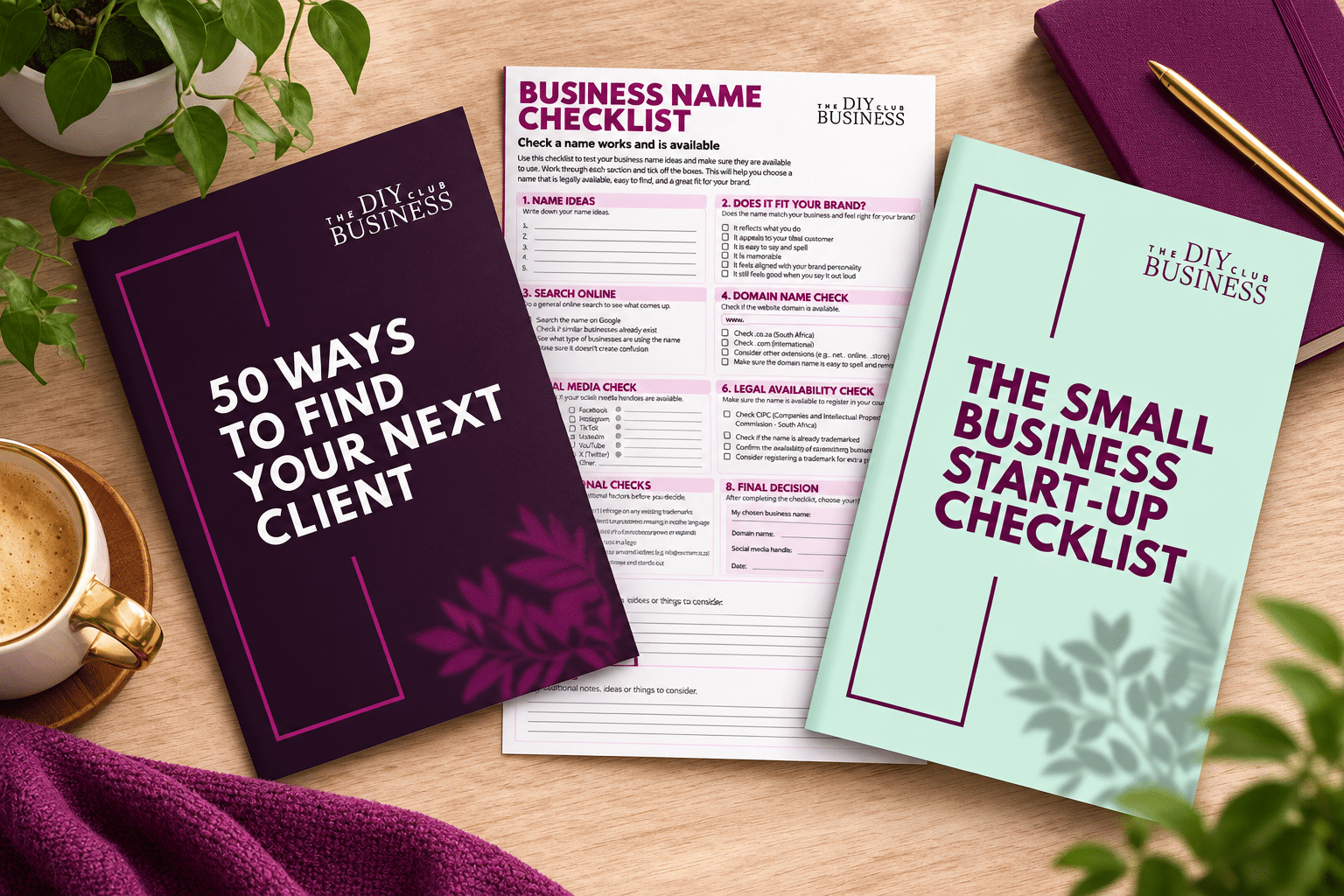 Printed Business Name Checklist, Google Business Profile Checklist and Website Planning Worksheet on a desk